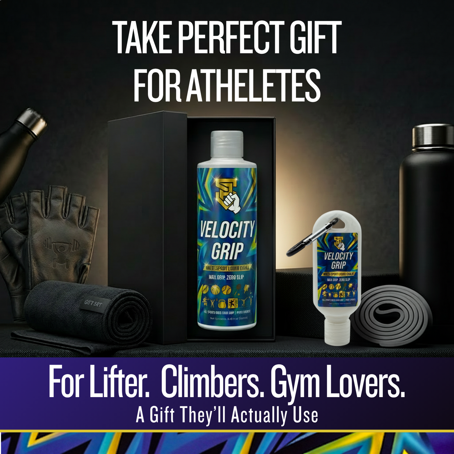 Gift set for athletes including Velocity Grip, gloves, and other gym accessories on a dark background.