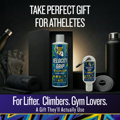 Gift set for athletes including Velocity Grip, gloves, and other gym accessories on a dark background.