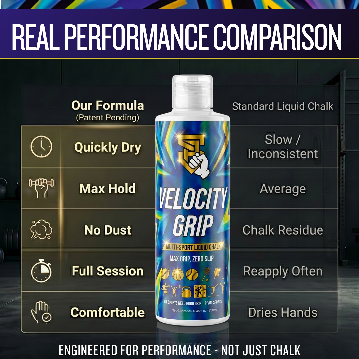 Velocity grip product with performance comparison chart on a dark background
