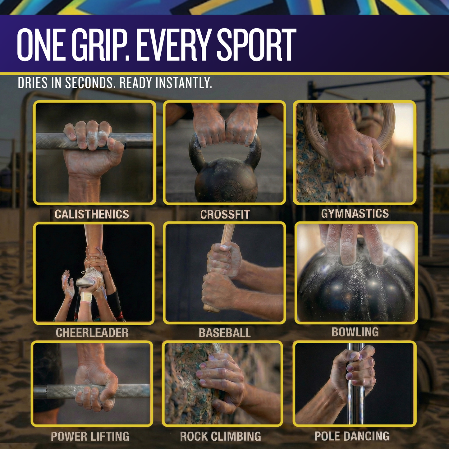 Product advertisement showing various sports activities with hands gripping different equipment, highlighting quick drying time.