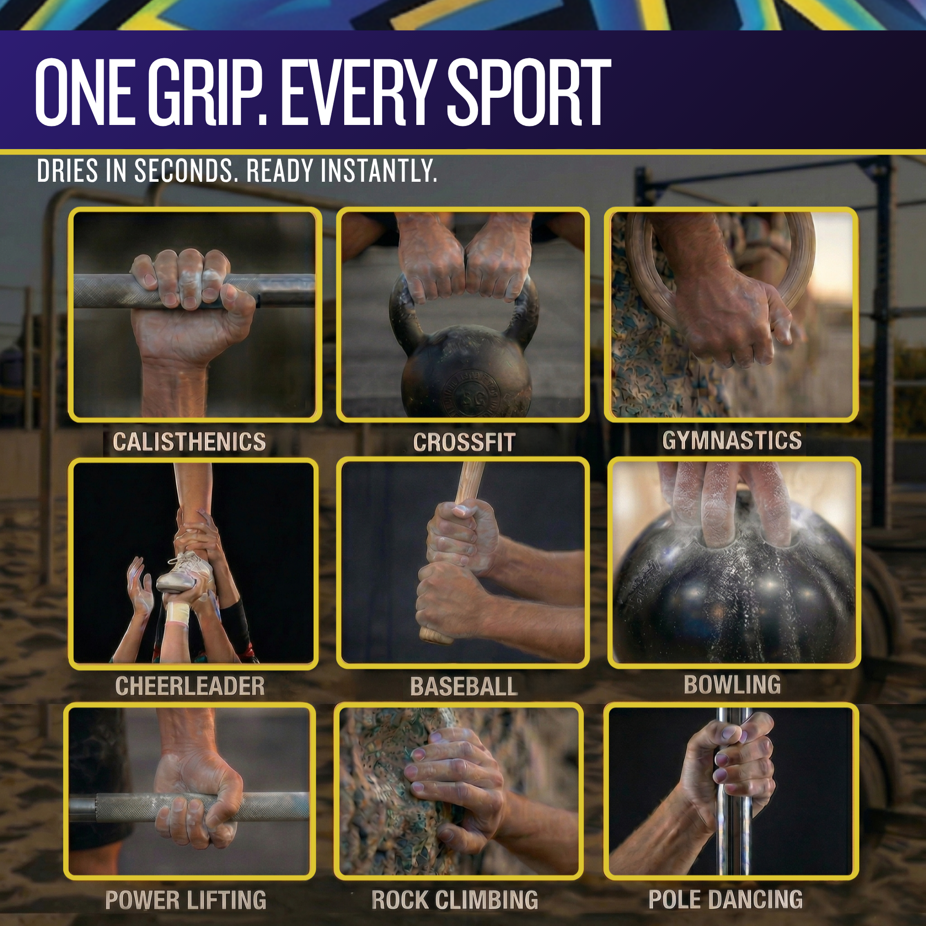 Product advertisement showing various sports activities with hands gripping different equipment, highlighting quick drying time.