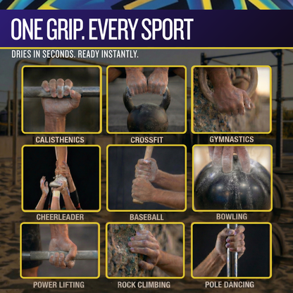 Product advertisement showing various sports activities with hands gripping different equipment, highlighting quick drying time.