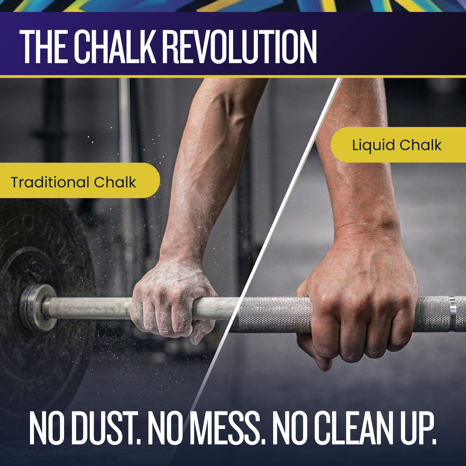 Advertisement for liquid chalk showing a person lifting weights with traditional and liquid chalk on hands.