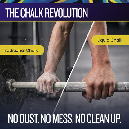 Advertisement for liquid chalk showing a person lifting weights with traditional and liquid chalk on hands.