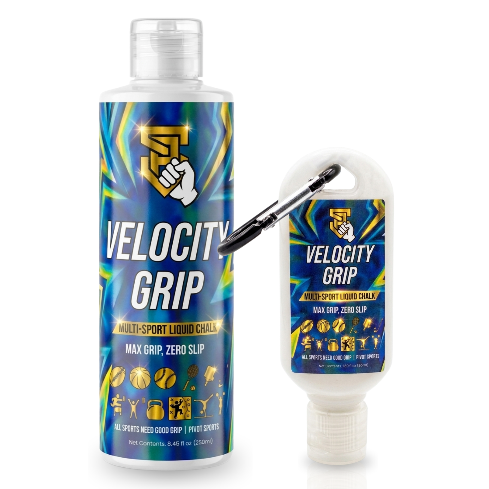Velocity Grip multi-sport liquid chalk bottle with carabiner on a white backgorund