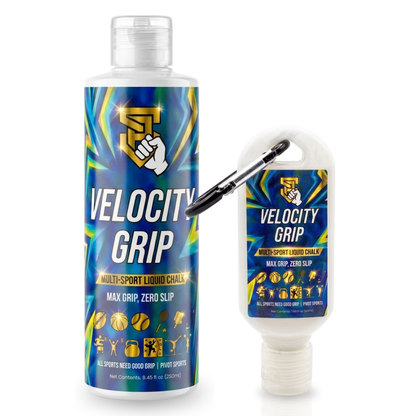 Velocity Grip multi-sport liquid chalk bottle with carabiner on a white backgorund