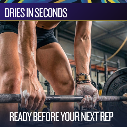Person lifting weights with text 'Dries in Seconds' and 'Ready before you next rep' in a gym setting.